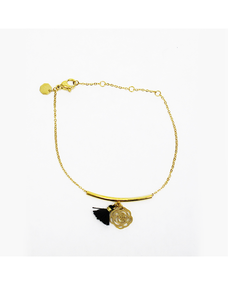 Bracelet femme - Trendykiss - BLT N° 1 - Bijou acier doré - bracelet avec pendentif fleur et pompon noir