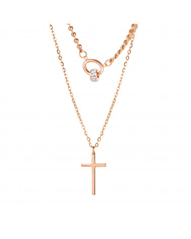 Women's necklace - Lee Cooper - LC,N,01015,410 - Steel jewel with pink gold finish - Double ring chain and cross