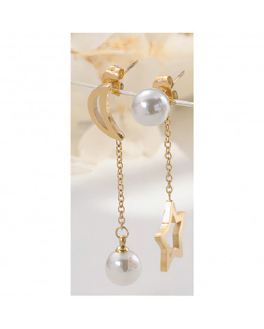 Women's earrings - LeeCooper - LCE01060,110 - Gold plated steel - Gold plated chain with gold star and moon, pearly beads
