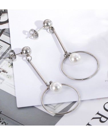 Women's earrings - LeeCooper - LCE01073.330 - Silver plated steel - Silver plated stem and hoop, pearly pearl